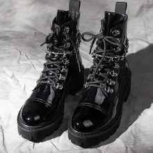 Женские черные ботильоны из лакированной кожи; зимние ботинки в байкерском стиле на платформе с цепочкой в стиле панк; Botas; резиновая обувь; Botines Mujer
