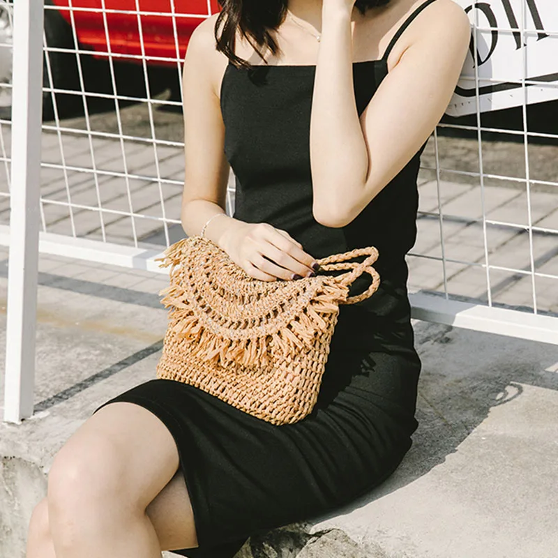 New Women Beach Tassel Straw Bags INS Popular Summer Female Handbag Fashion Lady Woven Shoulder Bag Casual Knit Crossbody SS3286 (2)