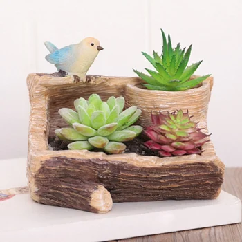 

Simulated Stump Flower Pots Birds Decorative Stand Resin Container Plant Pot For Gift Home Garden Office Desktop Decoration