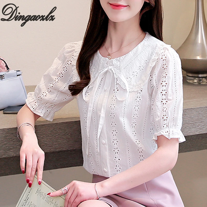 

Dingaozlz elegant female hollow out stitching lace tops fashion short sleeve lady shirt korean 2019 white women casual blouse