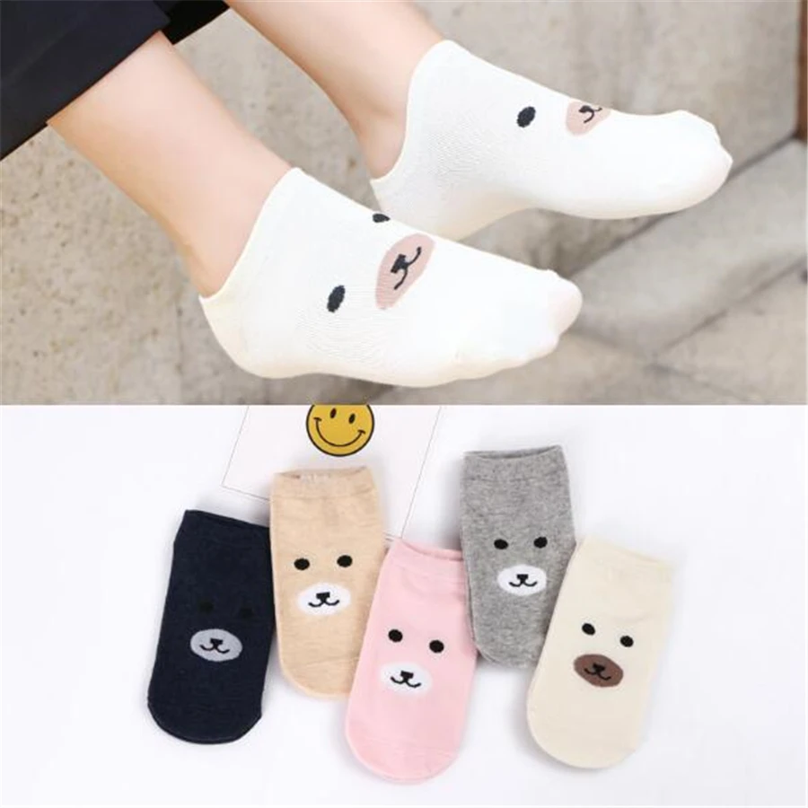 

WOW Little bear Invisible Short Woman Sweat summer comfortable cotton girl boat socks ankle low female hosiery 5pair=10pcs