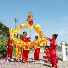 Желтый золотой детский размер китайский дракон танец позолоченный 5,5 м народный фестиваль праздничный костюм 6 детей, чтобы играть