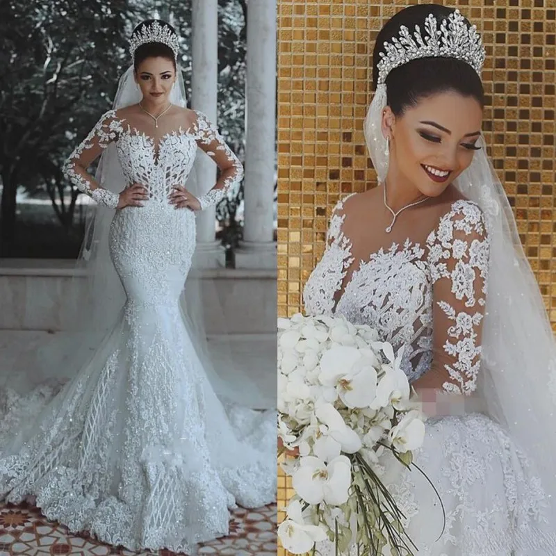 Vestido de noiva, свадебное платье русалки с длинными рукавами, романтическое прозрачное кружевное Прозрачное платье, свадебное платье на заказ, арабское платье невесты