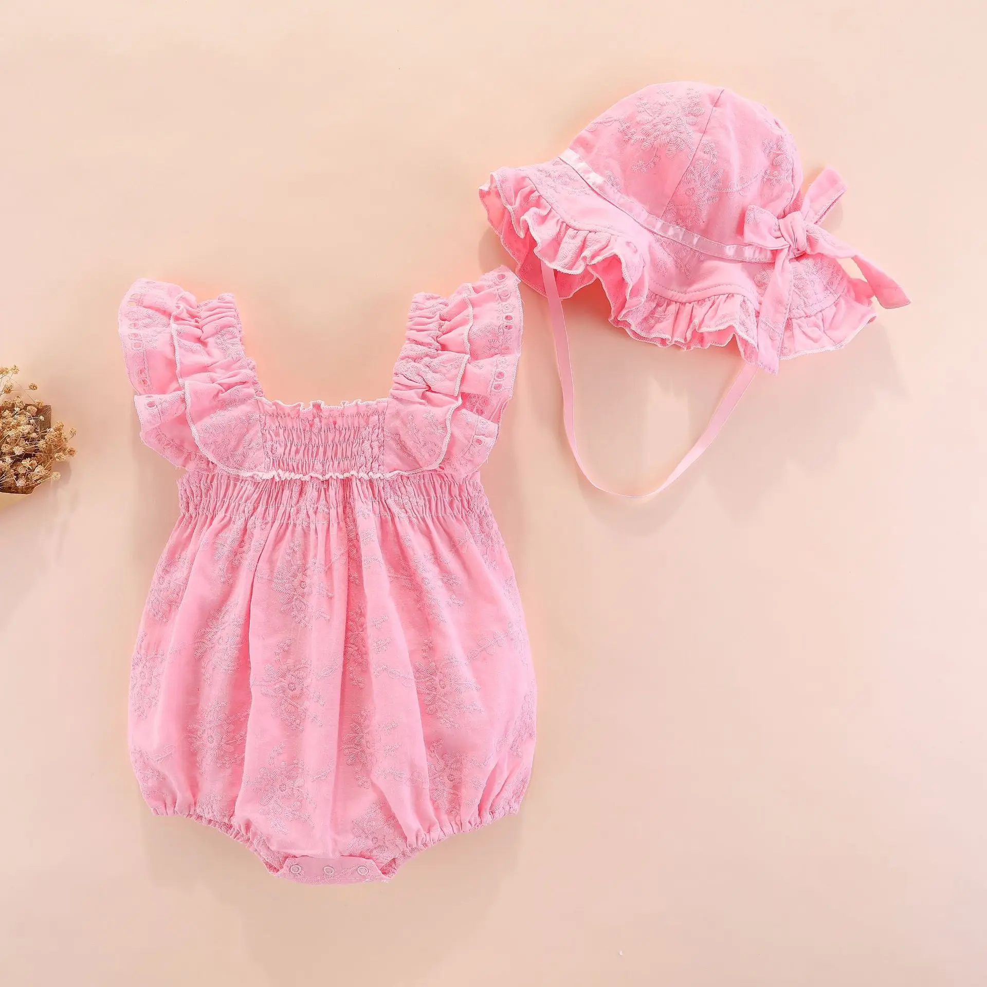 pink color Новинка, однотонный комбинезон, одежда для малышей, летний детский комбинезон с вышивкой+ шапочка, Детский комбинезон с оборками, розовый комбинезон для подвижных игр 3, 6, 9 месяцев - Цвет: pink color