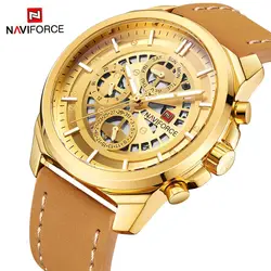 Новый Для мужчин Часы naviforce модные роскошные Водонепроницаемый золотые часы Для мужчин кожаные Дата спортивные Кварцевые наручные часы