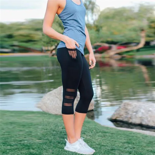 2018 Black Sexy Fitness Sporting Capri Pants Women's High Waist Elastic Mesh Legging Pants With Pocket Cropped Trousers Leggings 1