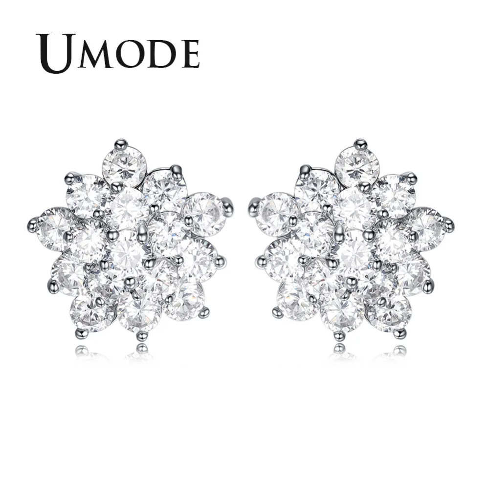 Женские серьги гвоздики UMODE модные с цветами и кристаллами белого золотого