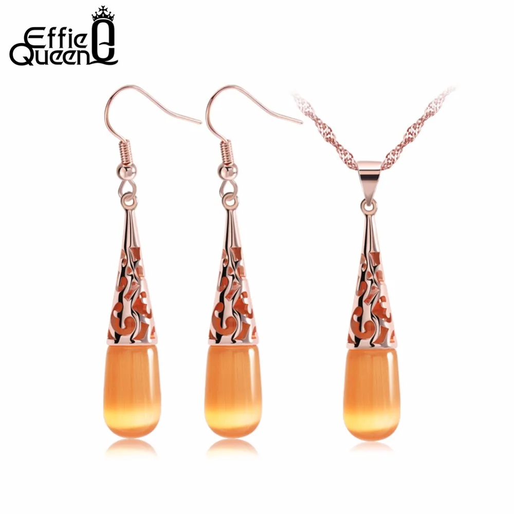 

Effie Queen 2017 Spring New Hot Water Drop Cat's Eye Stone Necklace Earring Set Rose Gold Color Popular Women Jewelry Set WS32