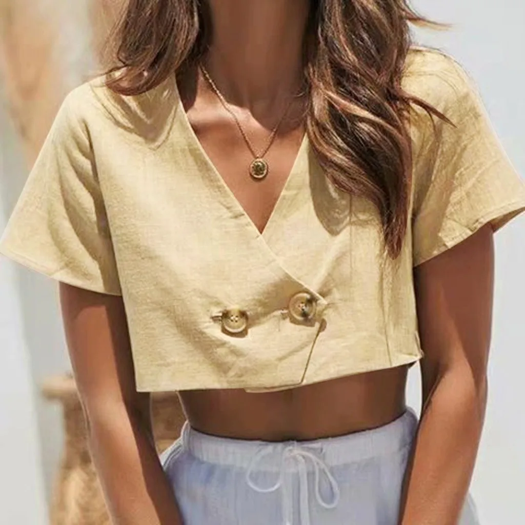 

Fashion Womens Ladies Short Sleeve V-Neck Blouse Button Casual Solid Simple Sexy Short Top Blouses Ropa Mujer Verano #SYS