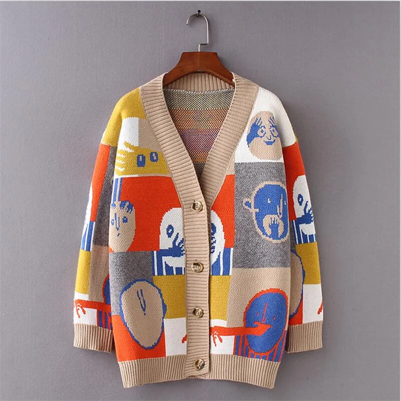 

2019 Women Autumn Cartoon Cute Sweater Cardigans Single Breasted V-Neck Casual Sweater Cardigans Coat Oversize Vestido