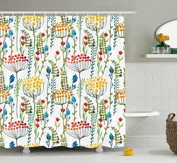 

Floral Shower Curtain Hand Drawn Doodle Style Flowers Blossoms in Watercolors Natural Botanical Garden Art