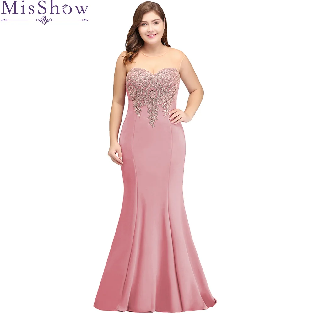 

Plus Size Mermaid Long Evening Dress 2019 Pink Formal Party Gown Elegant Lace Applique Robe de Soiree