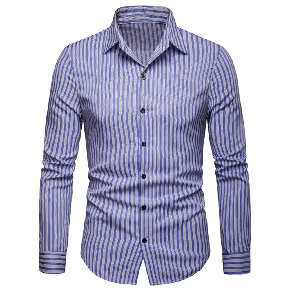 Весна Для мужчин с длинными рукавами отложной воротник Fit Striped Button пуховик мужской социальной Бизнес Повседневная рубашка Chemise homme