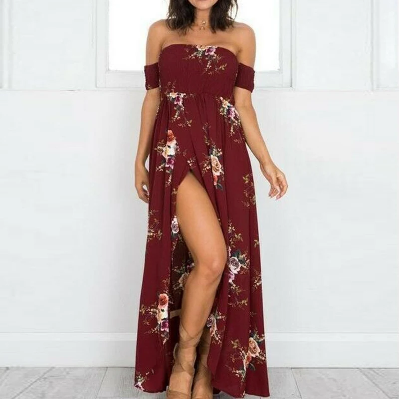 Floral Printed Long Dress Women Casual Sexy Split Maxi Dresses Summer Casual Boho Beach Sundress Lady Sexy Split Strapless Dress