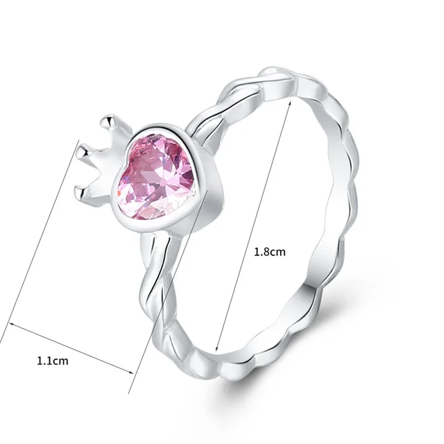 AZIZ BEKKAOUI Real 925 Sterling Silver Pink Heart Rings for Women Sweet Silver Crown Rings for Girl Engagement Jewelry Gift