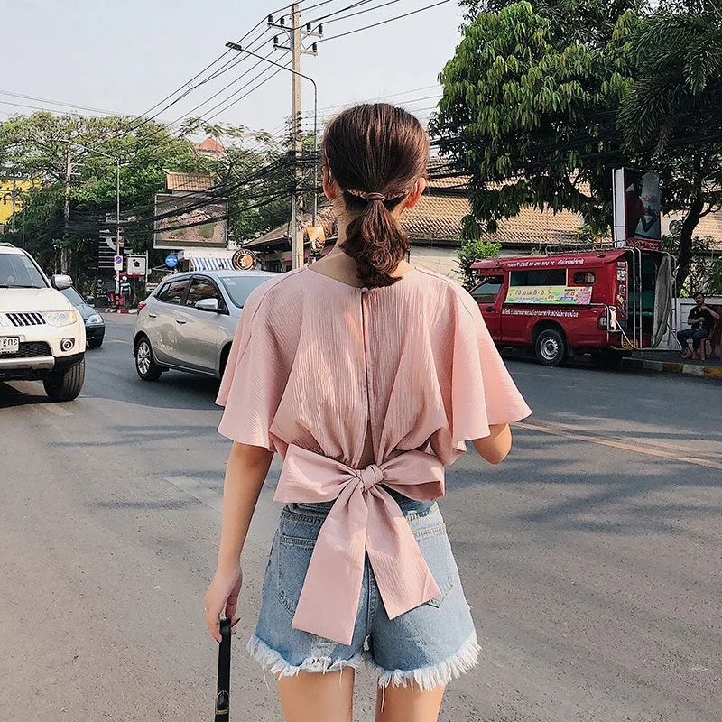 2018 summer women short flare sleeve short top sexy wrap v neck blouse female vacation lace up bow tie crop shirt top