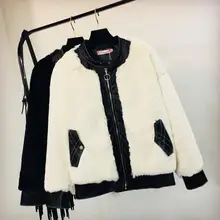 Новинка зимы Для женщин PU сплайсинга Пальто с искусственным мехом женские с длинным рукавом и стоячим воротником кролик Меховая куртка теплые пальто