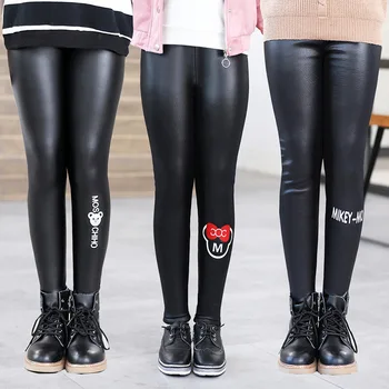 

2020 Hot Sale Girls PU Leather Pants Legging For Girls Thick Velvet Elastic Waist Skinny Legging Cartoon Black Kids Trousers