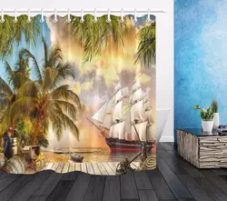 LB занавеска для душа морской пейзаж и пиратский корабль и кокосовое дерево Ванная комната Водонепроницаемая удлиненная полиэфирная ткань