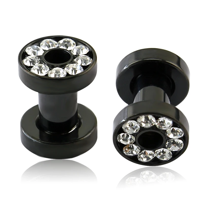 1 pair stainless steel black stretched ear jewellery crystal Rhinestone