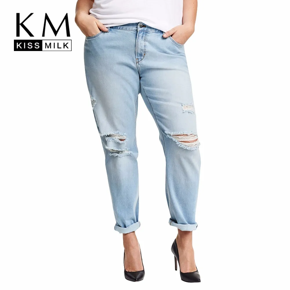 Kissmilk Plus Size New Fashion Women Clothing Casual Solid Broken Jeans Female Button Long Distressed Jeans 3XL 4XL 5XL 6XL