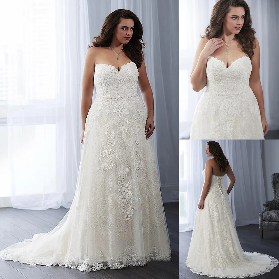 

Graceful Tulle & Lace Sweetheart Neckline A-line Plus Size Wedding Dress With Lace Appliques Beading Belt Bridal Gowns 26W