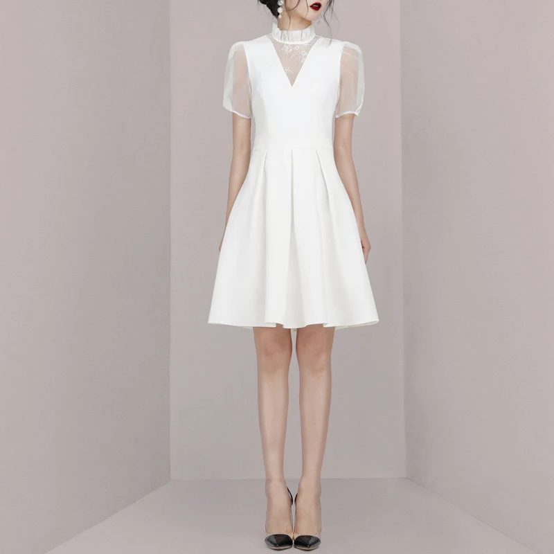 INDRESSME Новые поступления офисные женские шифоновые пышные короткие рукава с оборками, сетчатые кружевные женские вечерние мини-платья белого цвета