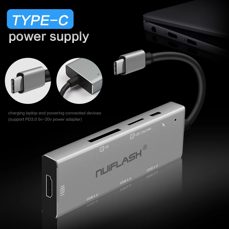 Nuiflash USB Type C HUB 3,0 7 портов Micro USB 3,0 концентратор сплиттер с адаптером питания USB hab высокоскоростной usb-разветвитель 7 концентратор для ПК
