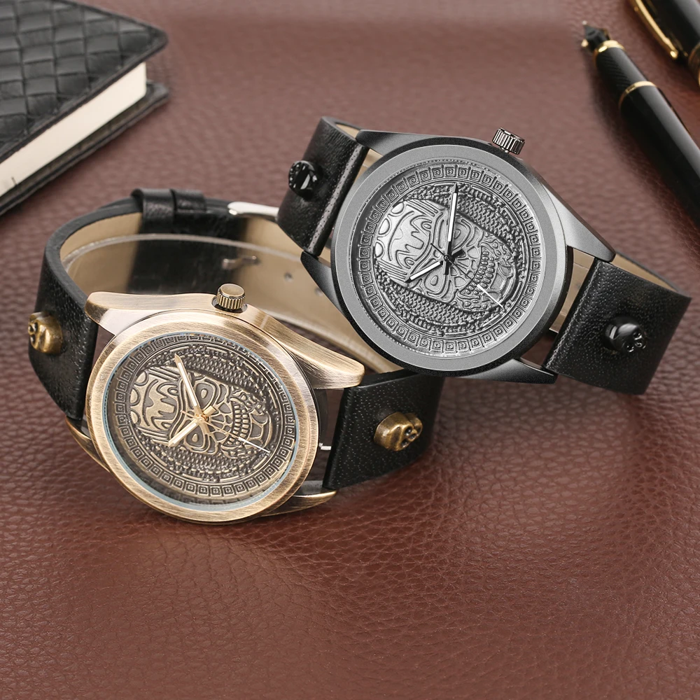 Bronze Retro Steampunk Skeleton Men's Watches Creative Skull Head Dial Vintage Quartz Clock Genuine Leather Band Punk WristWatch (13)