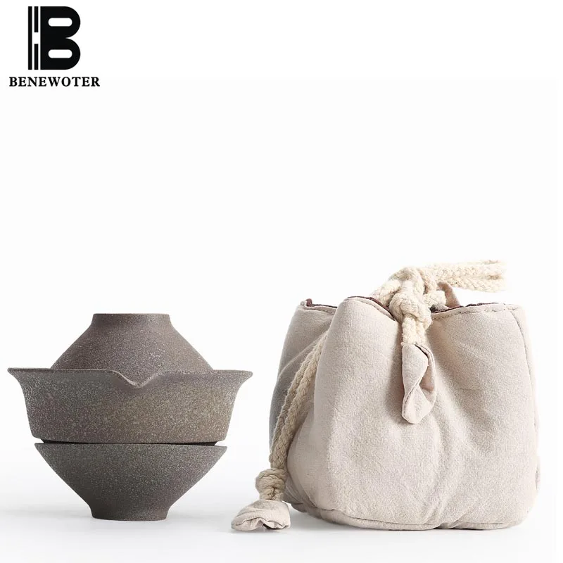 

Outdoor Camp Portable Black Rough Pottery Vintage Japanese Quick Cup 1 Teapot 2 Cups with Travel Bag Puer Tea Kung Fu Tea Set
