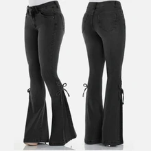 Большие размеры 4XL джинсы женские джинсовые расклешенные брюки черный бант на шнуровке эластичные брюки для женщин осень новая синяя одежда для женщин