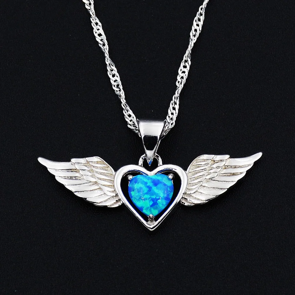 Ocean Blue Opal heart with wings winged heart Pendant Necklace with Lab