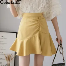 Colorfaith, новинка, Женская мини-юбка трапециевидной формы, весна-лето, с драпированными оборками, сексуальная юбка-русалка, приталенная, высокая талия, посылка, бедра, SK6631