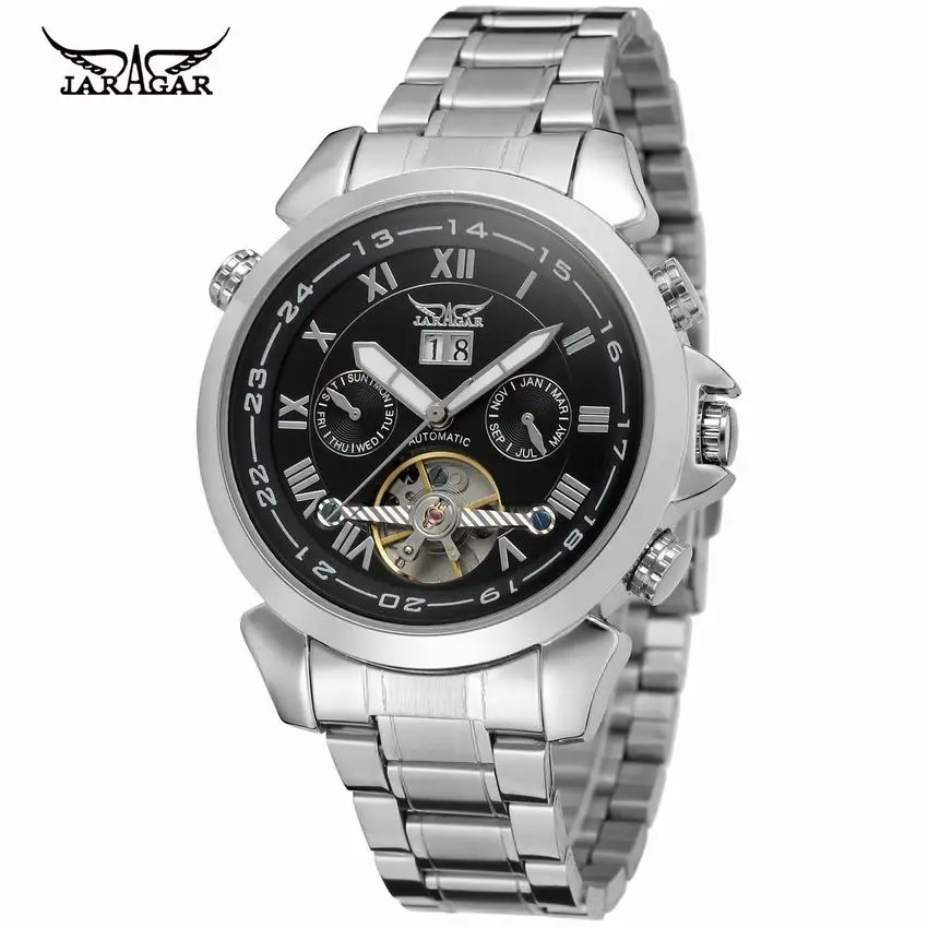 

JARAGAR Three Dial Multifunction Calendar Tourbillon Design Automatic Mechanical Stainless Steel Strap Wrist Watches