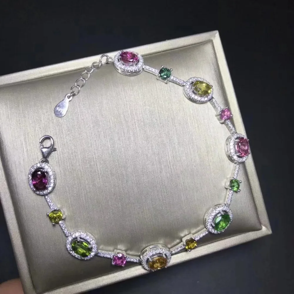Bracelet rond en tourmaline multicolore naturelle Bracelet en pierres précieuses naturelles S925 ar