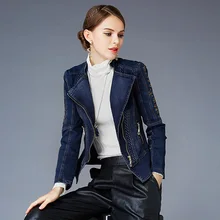 

Autumn Women's Jacket Denim Embroidery Turn-Down Collar Long Sleeve Zipper European Style Slim Short Coats Winter Woman Jacket