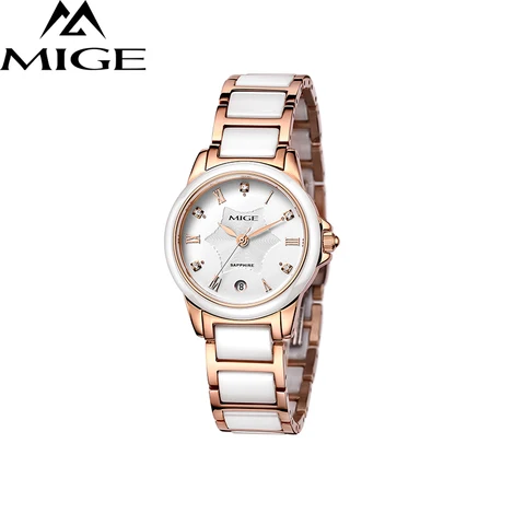 Caixa de Aço Relógio à Prova Marca Superior Mige Negócios Moda Branco Banda Cerâmica Japão Movimento Senhoras Dwaterproof Água Relógios Quartzo Feminino 2020