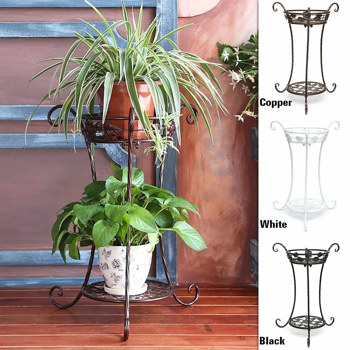 Metal Iron Flower Stand Tray 2 Holder Wrought Iron Pot Plant Stand Home Decoration Flower Shelf Rack Shelves Indoor/Outdoor