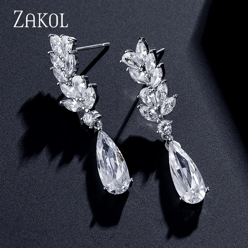 ZAKOL Sliver Color Flower Shape Zircon Water Drop Crystal Pendant Drop Earrings For Women Bridal Wedding Jewelry FSEP50L