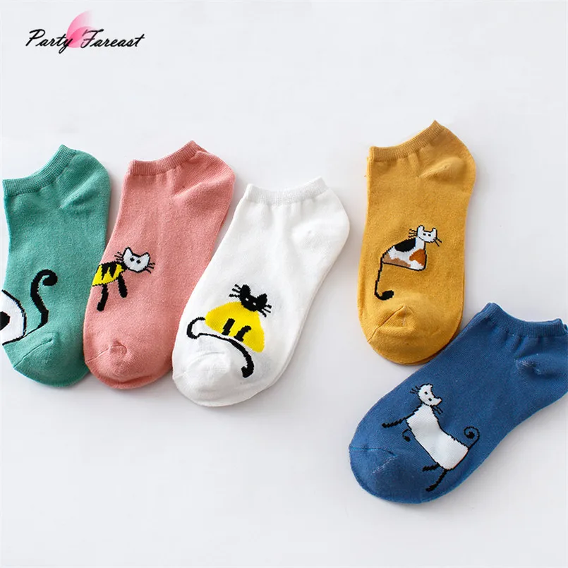 PF Korean Cute Cat Women Short Socks Breathable Cotton Colorful Casual ...