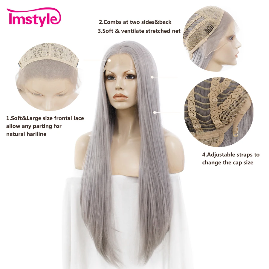 Peluca frontal de encaje Imstyle pelucas largas grises rectas para mujer Peluca de encaje sintético de fibra resistente al calor para mujer cosplay