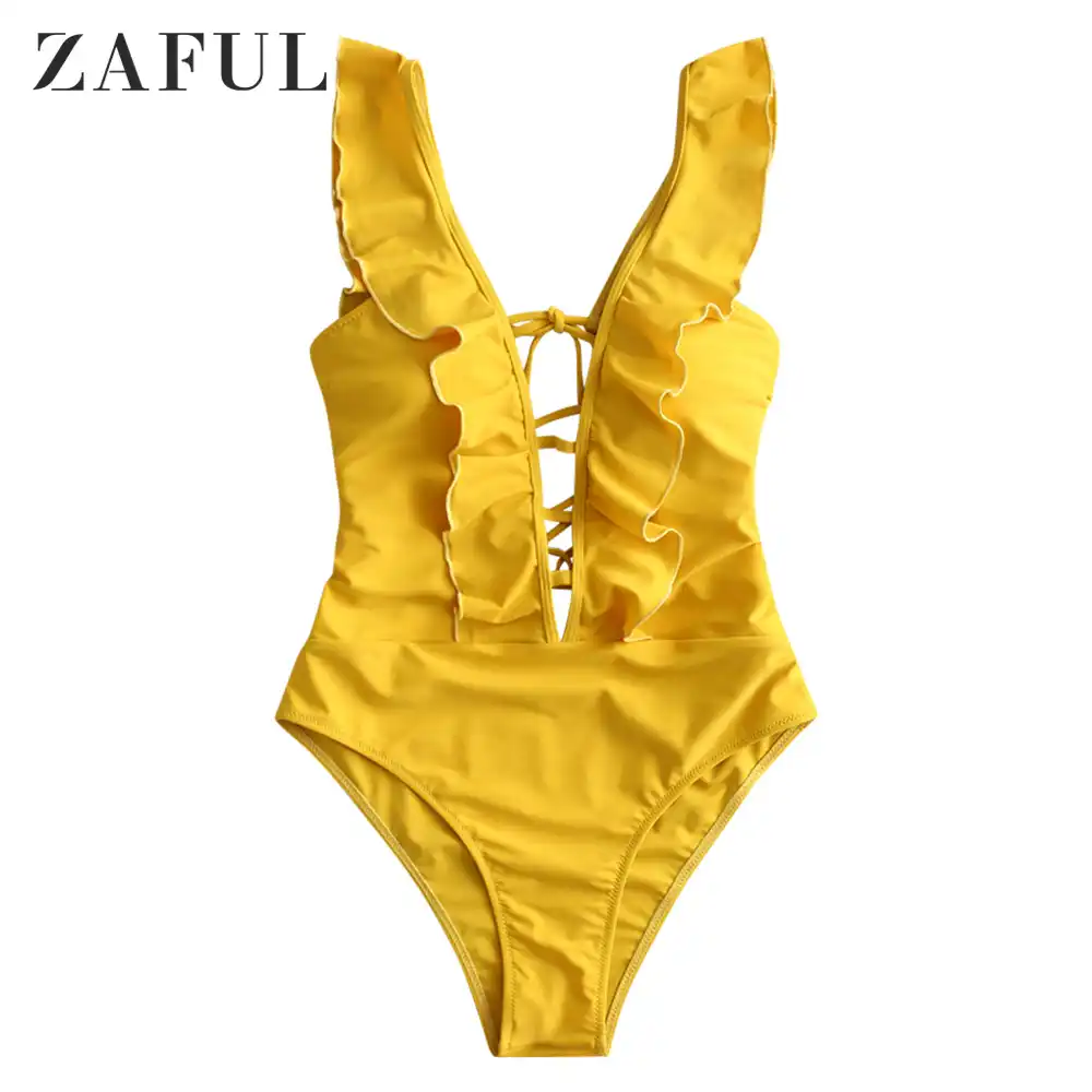 ZAFUL Women/'s Ruffle One Piece Swimsuit Backless Plunging Deep V Neck Backless Criss-Cross Lace-up Bathing Suit