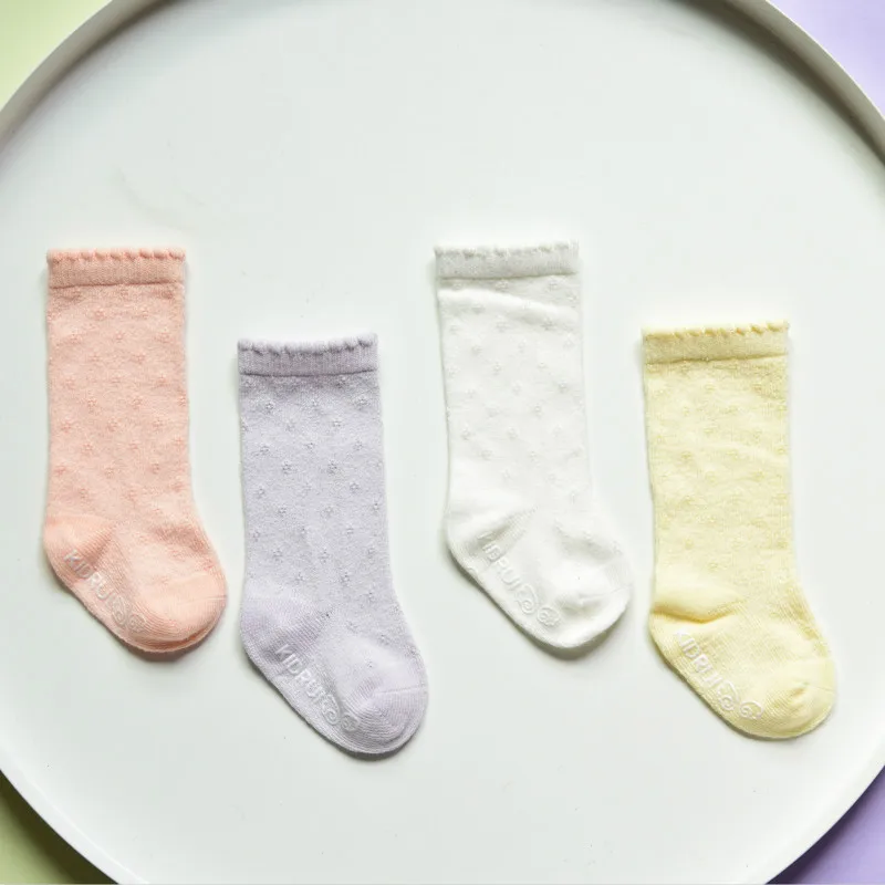 MYUDI 4 Pairs Baby Infant Summer Mesh Airy Cotton Knee-Highs Socks for Children Girls Boys Long Tube Anti-slip Floor Socks