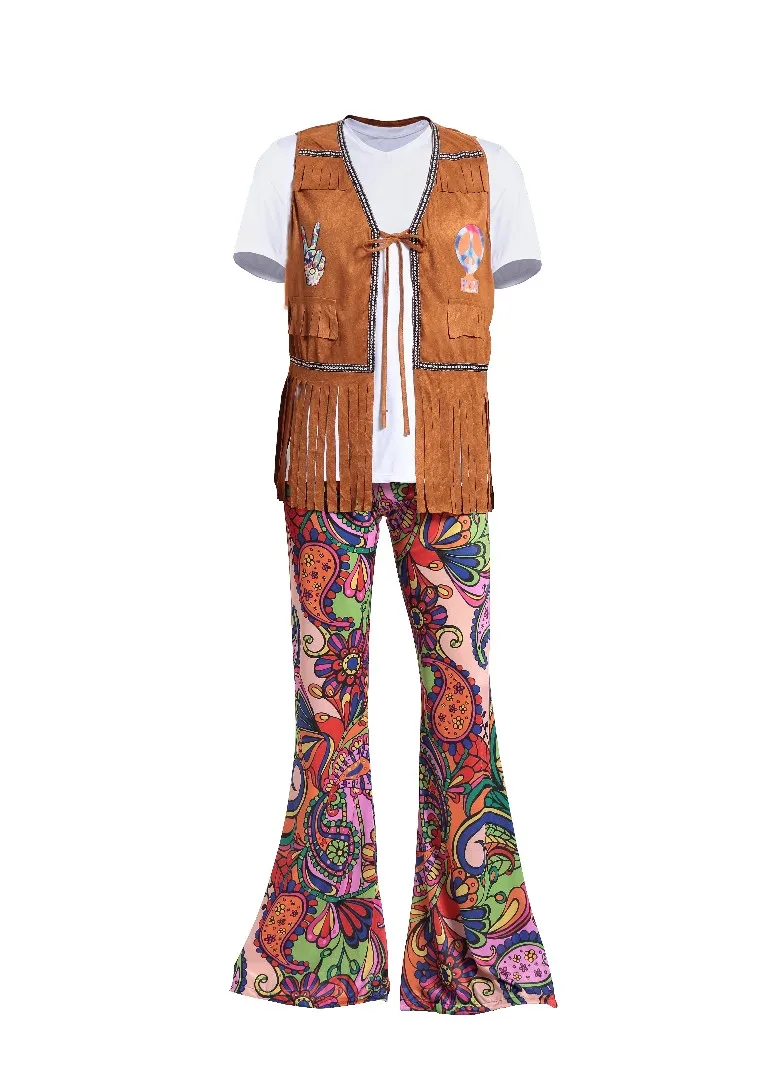Для мужчин и женщин 60s 70s хиппи наряд в стиле диско одежда для женщин Хиппи бахрома Топы колокол брюки вечерние расклешенное платье наряд для взрослых пар