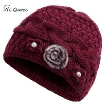 SYi Qarce,, женская зимняя теплая вязаная шапка с цветами, мех кролика, зимняя бархатная подкладка для мамы, рождественский подарок, NM218-27