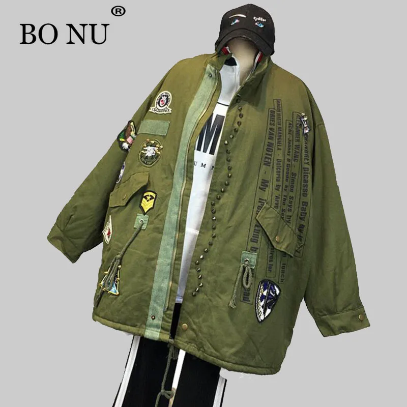 

BONU Vintage Army Green Belt Jacket Loosen BF Harajuku Thicken Jacket Women Boy Friend Harajuku Bomber Jacket Coat Female