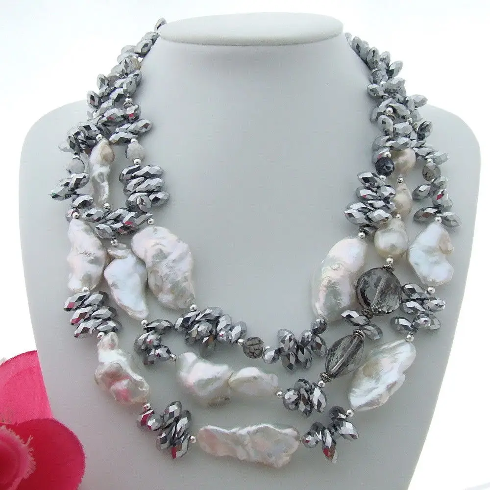 

FC101210 18" 3 Strands White Keshi Pearl Stone Crystal Necklace