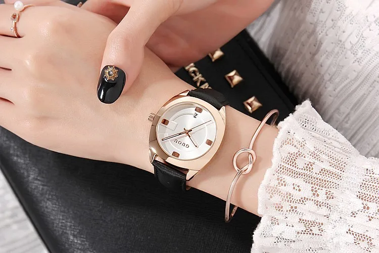 Модный бренд GUOU, женские часы из натуральной кожи, высокое качество, женские водонепроницаемые Роскошные студенческие часы с календарем - Цвет: White Dial BlackBand
