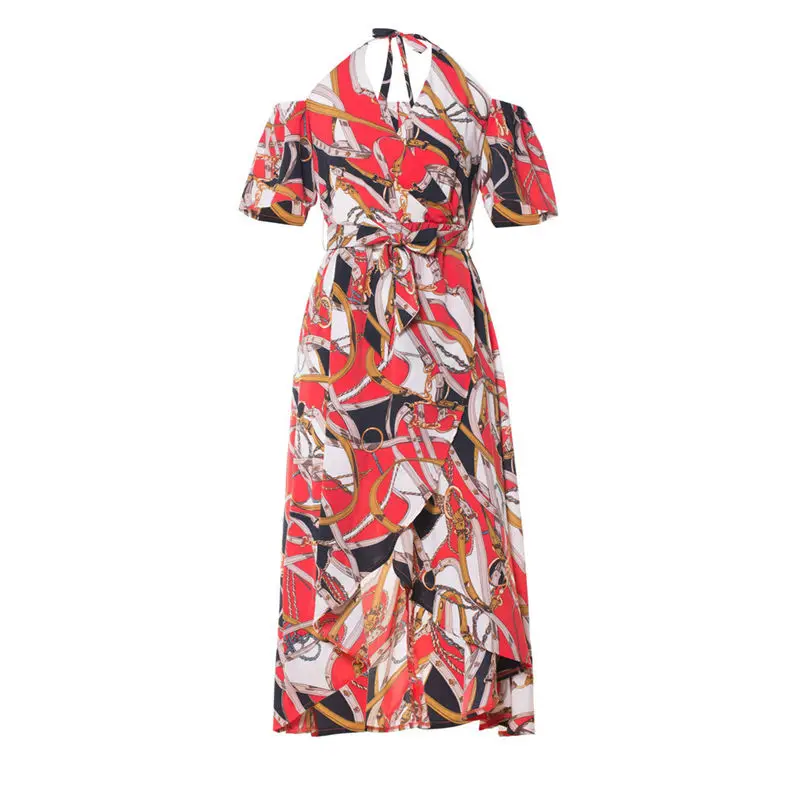  New Fashion Women Summer Lady Elegant Sexy Neck-Tied Bohemian Holiday Dress Chain Flower Casual Daily Beach Long Dress #4F09 (3)