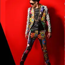 Ночной клуб певец красочные костюмы с принтами цветов большой бар Сценические костюмы. M-6XL